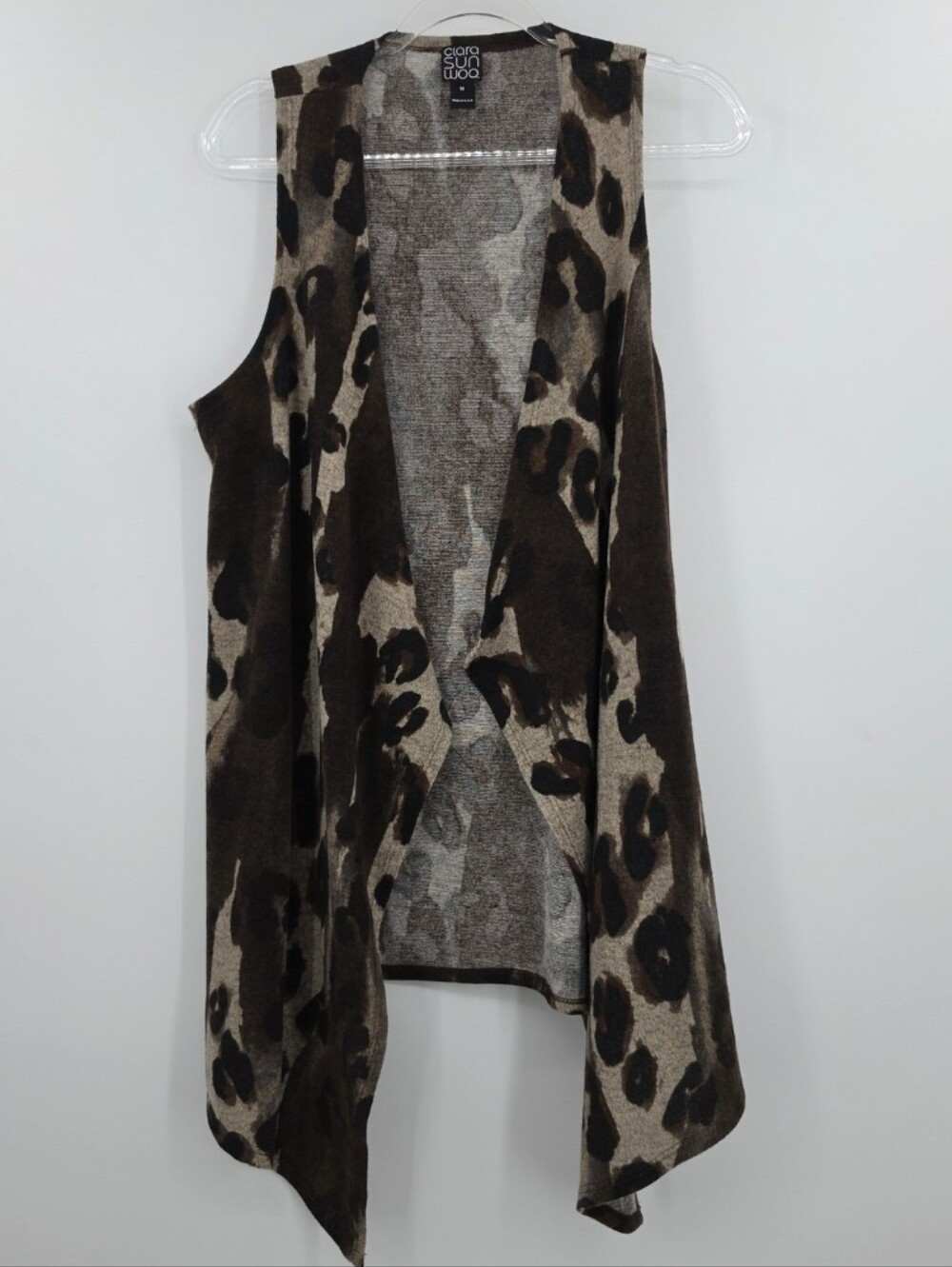 Clara Sun Woo Knit Cardigan Vest Leopard Medium Brown Longline
